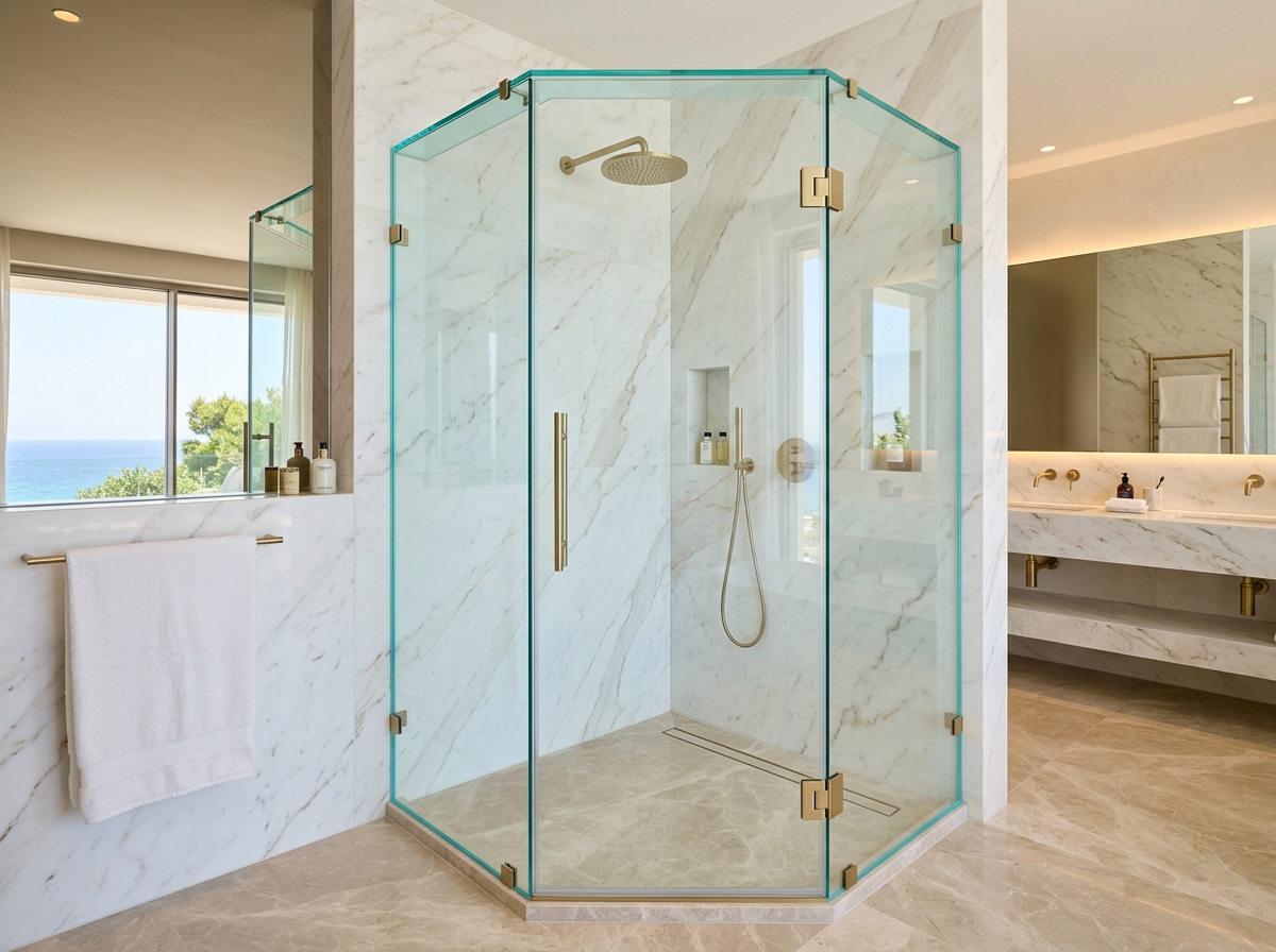 Hình minh họa cabin tắm kính vát góc 135 độ