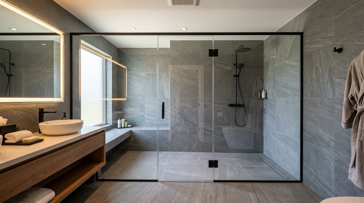 Hình minh họa vách tắm kính phẳng 180 độ
