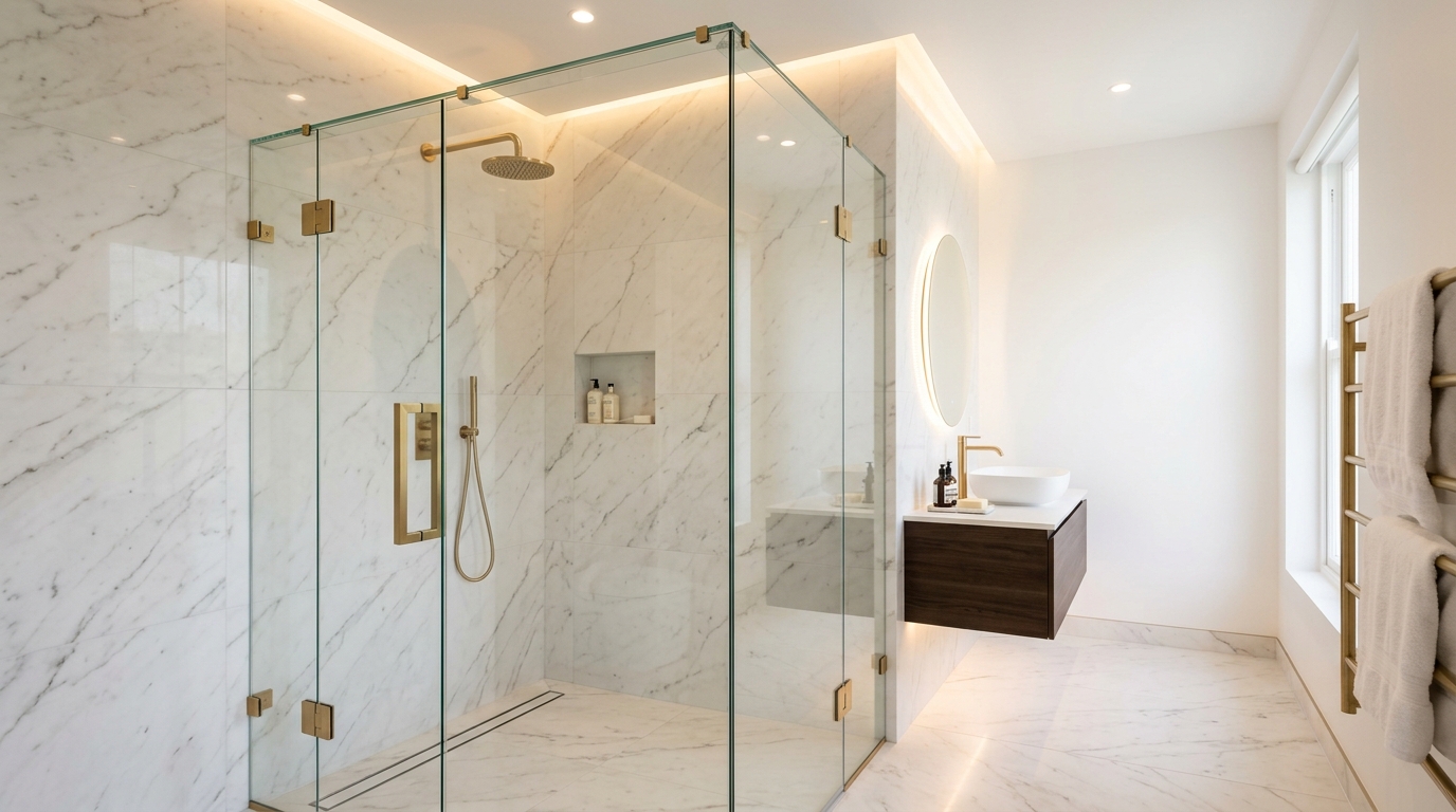 Hình minh họa phòng tắm kính bố trí góc vuông 90 độ